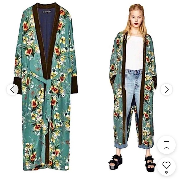 NWOT Zara Teal Floral Print Kimono Duster Gown Coat- S/M - Picture 1 of 13